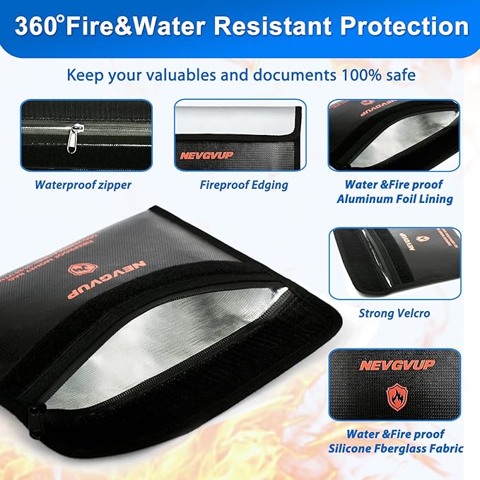 6200F Fireproof Bag with Lock, A5 Document & Cash Protection, 9 Layers Heat Insulated, Reflective Strip, 360 Fire Resistant, Water Resistant Zipper & Lock, PLUS 4200F Fire Bag for Cash