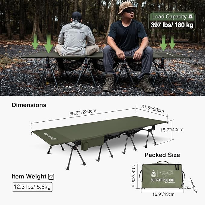 ONETIGRIS SUPRATIROS Extra Large Camping Cot, Height Adjustable Oversized Sleeping Cot with Extending Legs for Camping, Car Trips, Truck, Beach, Office Nap, Sturdy Supports Up to 400lbs (Ranger Green)