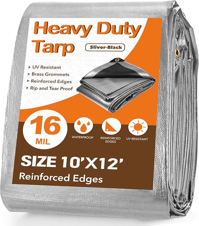 Tarp Waterproof 10 X 12 FT 16 Mil Heavy Duty Tarp Multipurpose Tarps Heavy Duty Waterproof Protective Cover UV All Weather Resistant for Shelter Camping, Green/Brown