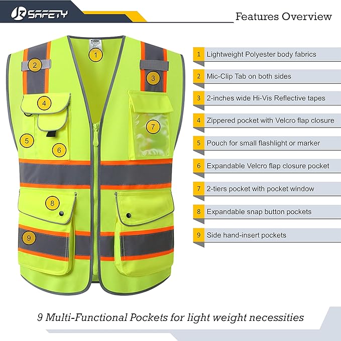 JKSafety 9 Pockets Hi-Vis Neon Yellow Color Zipper Front Safety Vest with Fluorescent Orange Extend Edge outlining the Reflective Tapes Meet ANSI/ISEA Class 2 Standard (901-Yellow, X-Large)