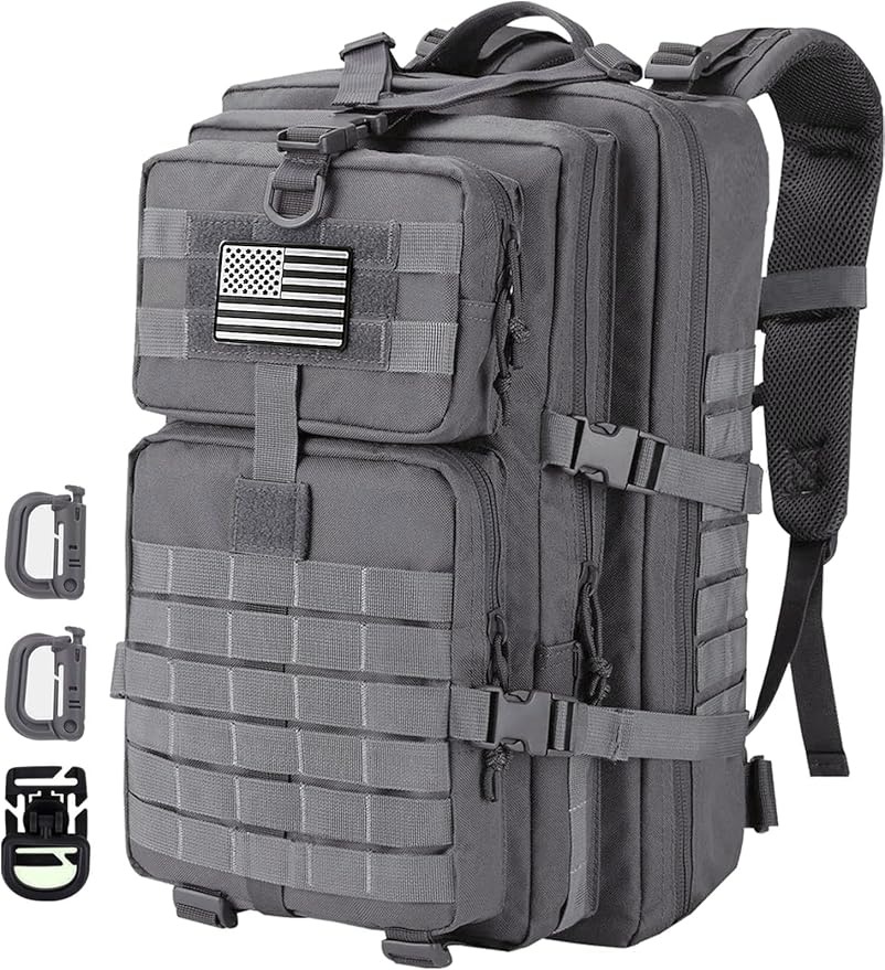 MOLLE Assault Backpack, Tactical Backpack Military Army Camping Rucksack, 3-Day Pack Trip w/USA Flag Patch, D-Rings, Grey