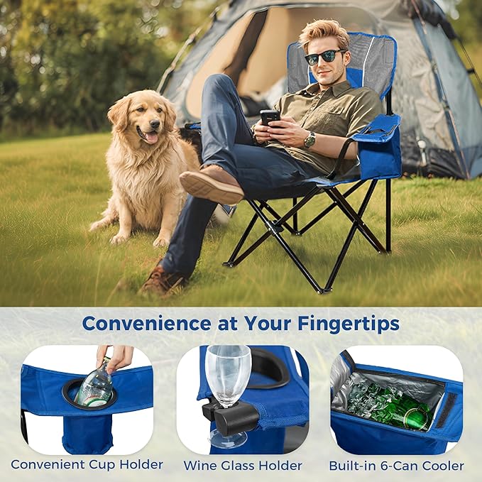 Oversized Padded Camping Chair, Heavy-Duty Steel Frame for 450 lbs Supports, Convenient 6-Can Cooler, Portable Carry Bag, Perfect for Outdoor, Beach, and Hiking (Gray & Sapphire Blue)