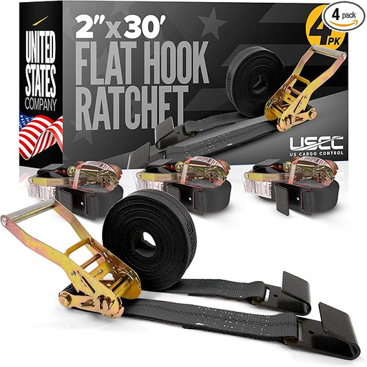 US Cargo Control Flat Hook Ratchet Straps 2 Inch X 30 Foot (4-Pack), 10,000 LBS Break Strength, Black Heavy Duty Ratchet Straps with Black Flat Hooks, Tie Downs for Flatbed Trailer