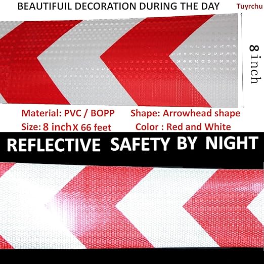 Reflective Tape Red and White 8 inch Wide for Bikes, Outdoor Waterproof High Visibility Safety Warning Adhesive Strips (66 feet)