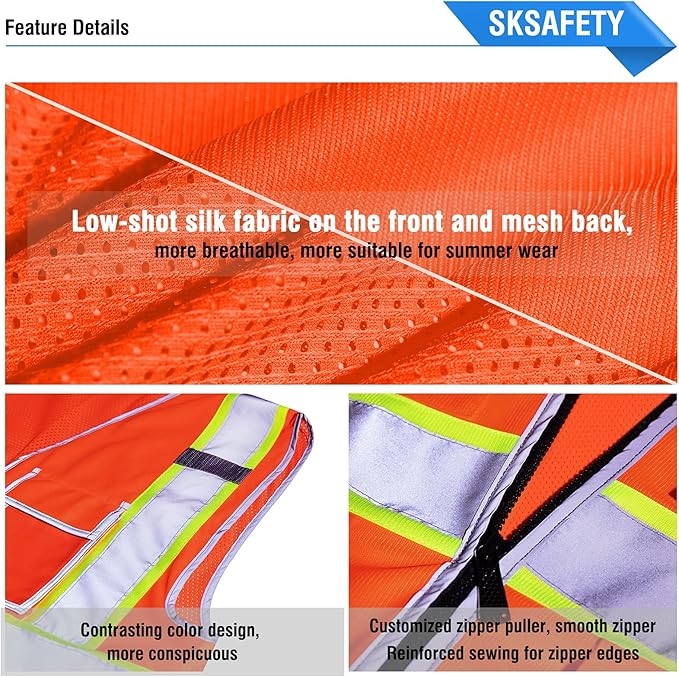 SKSAFETY 10 Pockets Safety Vest, Class 2 High Visibility Security with Zipper Back Mesh, Hi Vis Vest with Reflective Strips, ANSI/ISEA Standard, Construction Work Vest for Men ＆ Women （Orange, M）