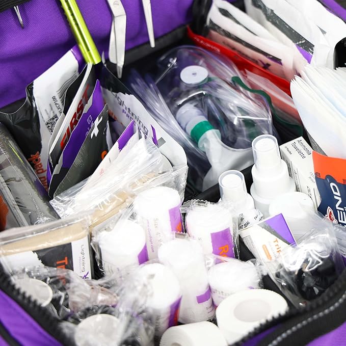 Lightning X Custom Embroidered Trauma Kit & Large EMT Bag w/ 250+ First Aid Supplies & Customized Name Patch | Purple
