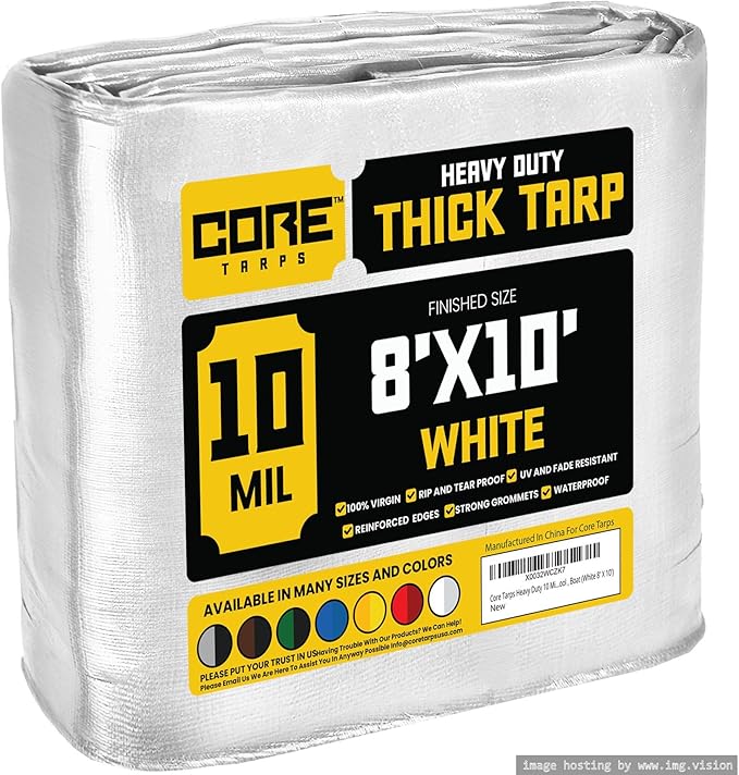 Core Tarps Heavy Duty 10 Mil Tarp Cover, Waterproof, UV Resistant, Rip and Tear Proof, Poly Tarpaulin with Reinforced Edges for Roof, Camping, Patio, Pool, Boat (White 8′ X 10′)