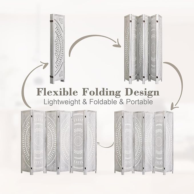 WelFurGeer Handcrafted Carved Wooden Room Divider Screen, Folding Privacy Screen for Room Separation, Decorative Room Dividers, 360° Adjustable Folding Panels for Privacy, Home, Office & Patio