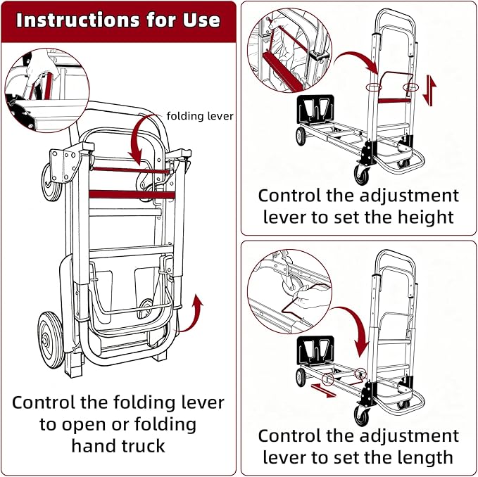 Aluminum 3 in 1 Folding Hand Truck, 400Lbs Capacity, Heavy Duty Collapsible Cart with Retractable Handle and 4 Rubber Wheels, 2 Safety Straps, Moving Dolly for Moving Home, Office, Shopping, Warehouse