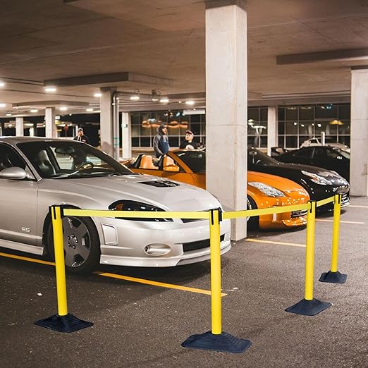 4-Pack 36" Yellow Crowd Control Stanchions, Heavy-Duty Rubber Rectangular Base with Space-Saving Design, 10ft Retractable Belt, Perfect for Indoor & Outdoor Safety Barriers