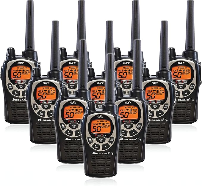 Midland GXT1000 GMRS Walkie Talkie - Long Range Two Way Radio with NOAA Weather Scan + Alert, 50 Channels, and 142 Privacy Codes (Black/Silver, 10 Radios)