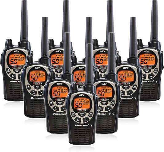 Midland GXT1000 GMRS Walkie Talkie - Long Range Two Way Radio with NOAA Weather Scan + Alert, 50 Channels, and 142 Privacy Codes (Black/Silver, 10 Radios)