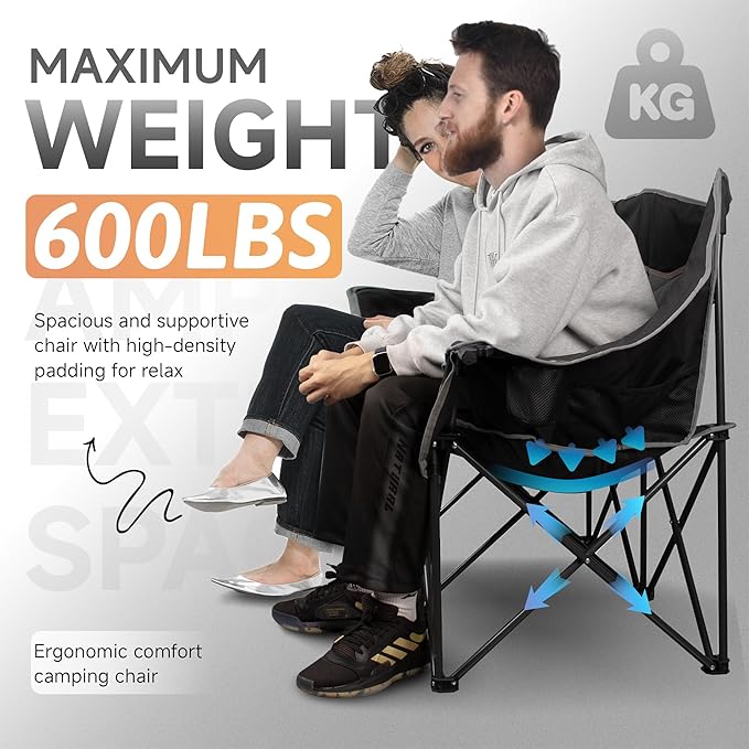 Double Camping Chair, Padded Loveseat Camping Couch, Oversized 2 Person Camp Chairs with Carry Bag,Heavy Duty Folding Lawn Chair for Adults Portable Outdoor Folding Sofa for Patio Backyard, Black