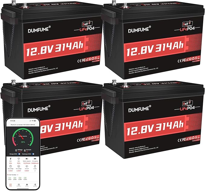 4 Packs 12V 314Ah Self-Heating LiFePO4 Battery with Bluetooth, 200A BMS 4019Wh 300ah Lithium Iron Phosphate battery for Large Solar & Off-Grid Systems