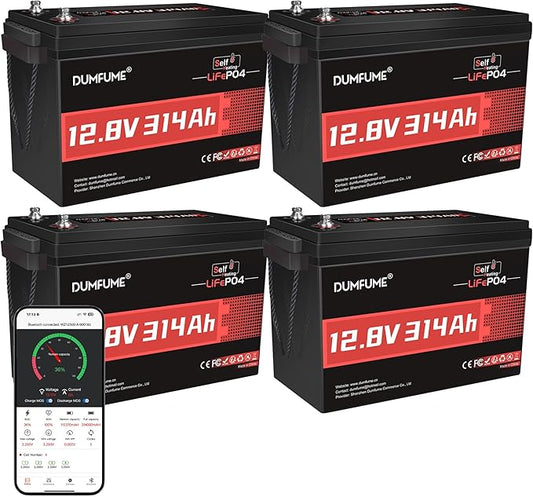 4 Packs 12V 314Ah Self-Heating LiFePO4 Battery with Bluetooth, 200A BMS 4019Wh 300ah Lithium Iron Phosphate battery for Large Solar & Off-Grid Systems