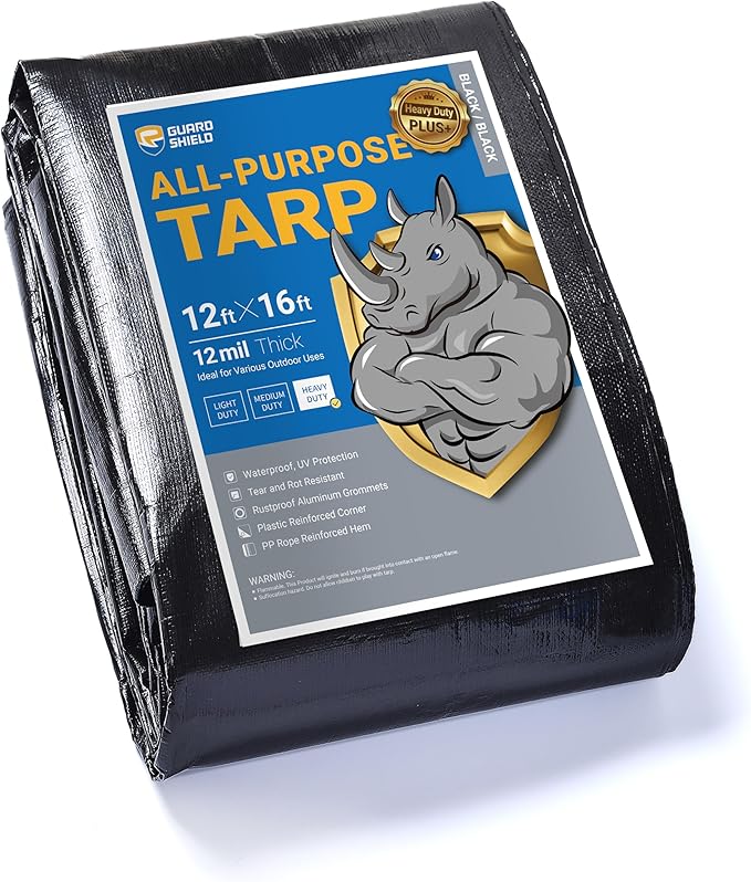 GUARD SHIELD Heavy Duty Tarp 12x16 Feet Black Tarp Large Outdoor Tarps Waterproof with Grommets Cover 12mil