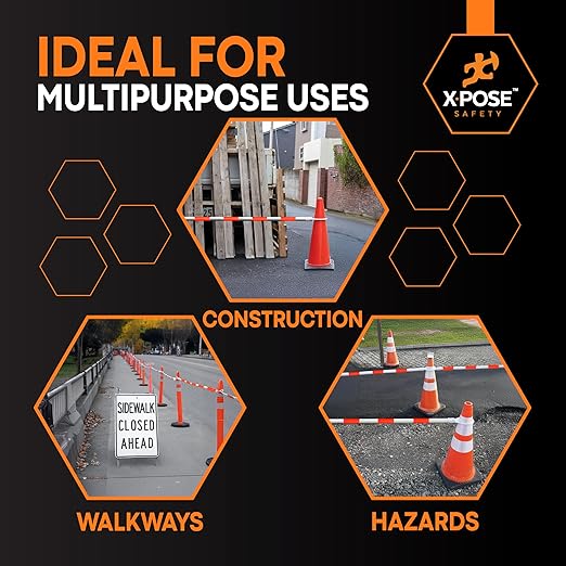 Retractable Barrier for Safety Traffic Cones - 2" OD - Large Yellow and Black Bar Barricade - for Road Construction, Parking, Warning, Temporary Security Divider (20, Orange & White, 53" x 84")