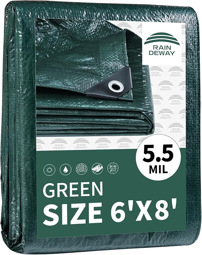 RAINDEWAY Tarps 6x8 Feet,Small Tarp Waterproof,5.5 Mil Thick, Multipurpose Waterproof Poly Tarp Cover with Metal Grommets and Reinforced Edges,Green Tarps