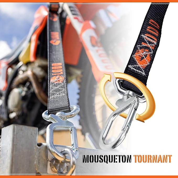 LODD - Motorcycle Tie Down Straps with Swivel Carabiner, Heavy-Duty Buckles, Fur Protection, Reinforced Buckle | 2,400 lbs, 1.5" | Trailer Securing for Dirt Bike, Enduro, Trial, Quad, Trail