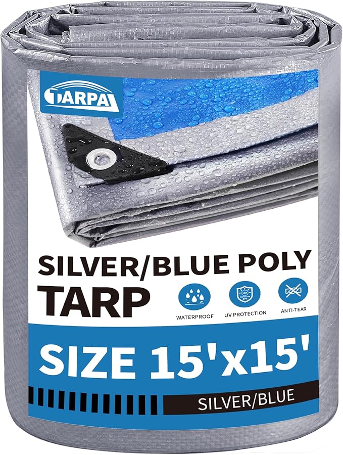 TARPAL Tarp 15x15 Feet Waterproof Large tarps 7.5mil Multipurpose Protective for Outdoors,UV Protection,Rip and Tear Proof,Poly Tarpaulin(Silver/Blue)