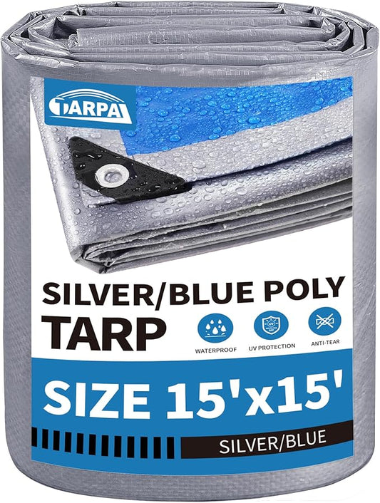 TARPAL Tarp 15x15 Feet Waterproof Large tarps 7.5mil Multipurpose Protective for Outdoors,UV Protection,Rip and Tear Proof,Poly Tarpaulin(Silver/Blue)