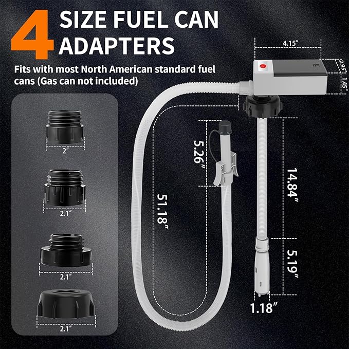 Automatic Fuel Transfer Pump with Auto Stop Sensor Overfill Protection, Fast and Safe Portable Gas Can Pump with 3 Can Adapters & 51'' Extra Long Hose for Oil, Diesel, Gasoline