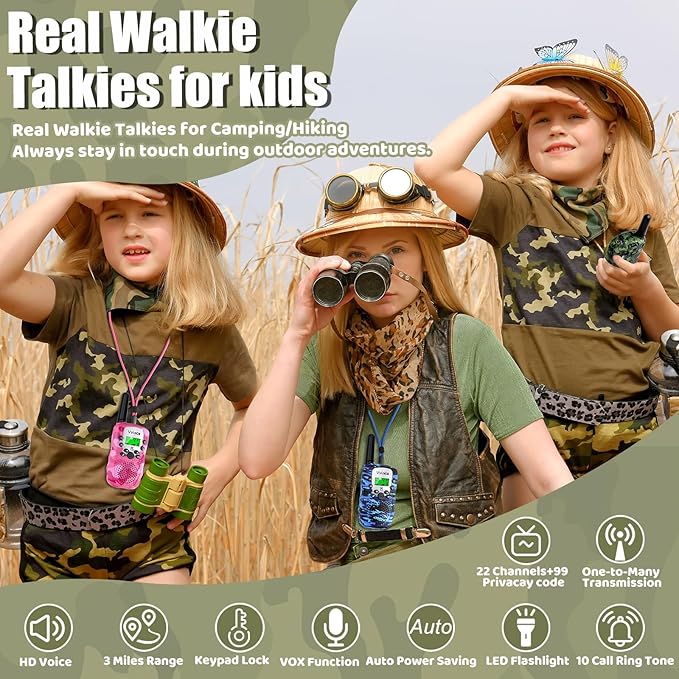 Vvinca Walkie Talkies for Kids Rechargeable 4 Pack, 3 Mile Walkie Talkie Long Range, Christmas Birthday Gift for Age 3-12 Boy Girl with Flashlight 22CH 2 Way Radio for Adventure Camping Outdoor Hiking