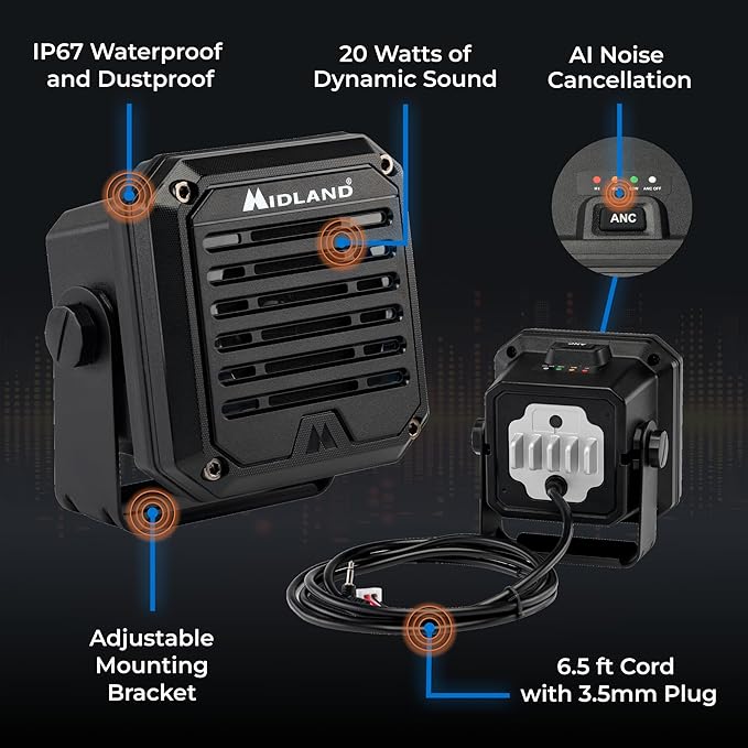Midland- SPK200 Heavy-Duty 20W Amplified External Speaker - AI Noise Cancellation 180 Degrees Swivel Base for CB and MXT Radios 8-OHM Sound System 3.5mm Audio Plug - Waterproof Design