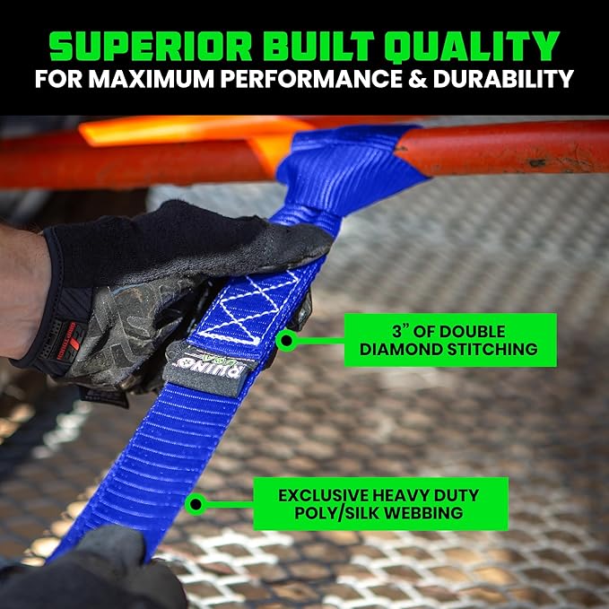 Rhino USA Soft Loop Tie Down Straps (4-Pack) - 1.6 Inch x 17 Inch (5,000 lbs Break Strength) Heavy Duty Motorcycle Handlebar Straps for use with Ratchets for ATV, UTV, Dirt Bike (Blue)