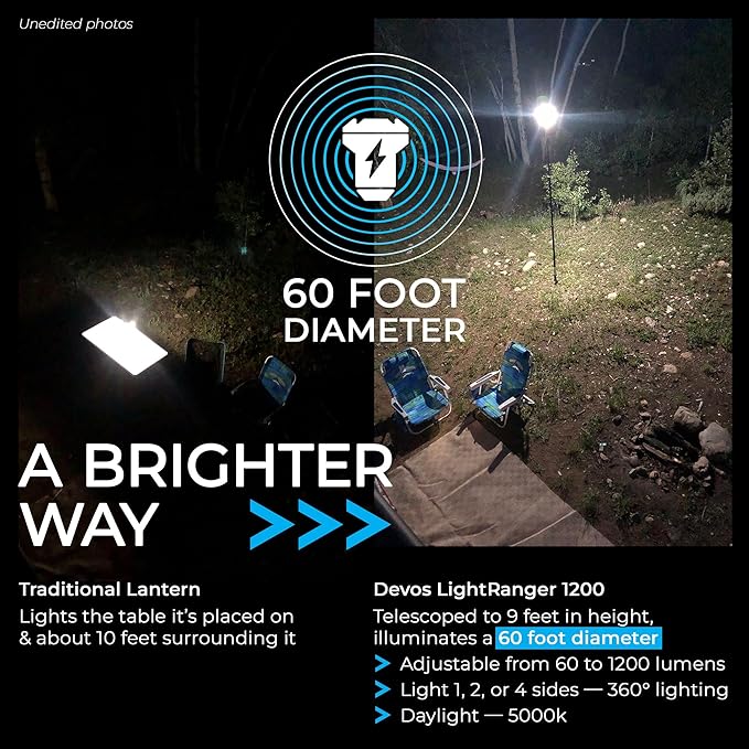 Devos Outdoor LightRanger 1200 - High-Performance LED Tripod Lantern with Adjustable Height, 9 Feet Tall with 1200 Lumens Brightness, and Long Battery Life.
