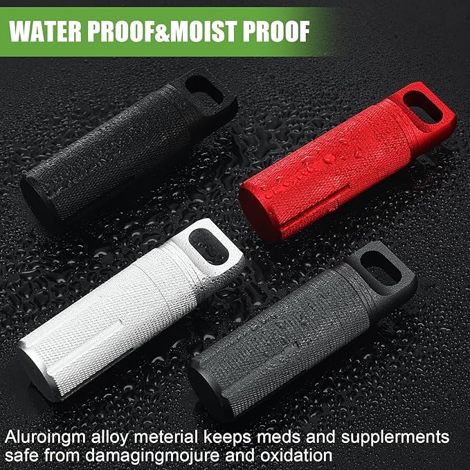 Patelai 4 Pcs Portable Keychain Pill Holder Pill Organizer Travel Waterproof Match Container Aluminum Airtight Keychain Container Travel Size Storage Supplements Holder for Outdoor Camping(Classic)