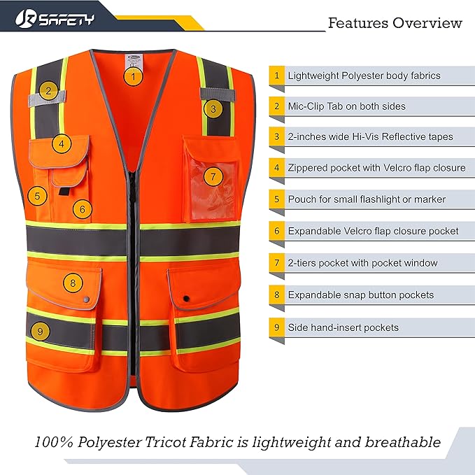JKSafety 9 Pockets High Visibility Zipper Front Safety Vest | Orange with Dual Tone High Reflective Strips | Meets ANSI/ISEA Standards (901-Orange, Medium)