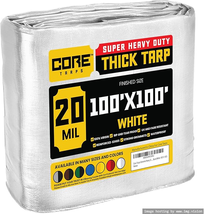 Core Tarps Extreme Heavy Duty 20 Mil Tarp Cover, Waterproof, UV Resistant, Rip and Tear Proof, Poly Tarpaulin with Reinforced Edges for Roof, Camping, Patio, Pool, Boat (White 100′ X 100′)