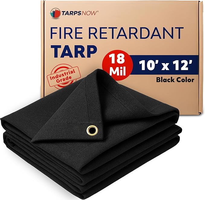 TarpsNow® Fire Retardant Tarp - 10' x 12' - 18 MIL Heavy Duty Canvas Tarp - Flame & Tear Resistant w/Brass Grommets - Best for Safety, Outdoors, Camping, Boating, Welding, Woodpile, House, Fire Pit