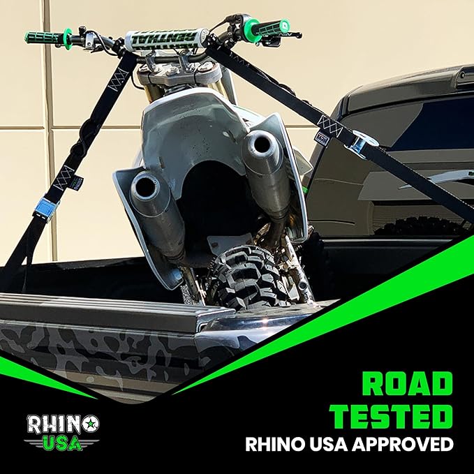 Rhino USA Motorcycle Tie Down Straps (2 Pack) Lab Inspected 2,200lb Break Strength, Steel Cambuckle Tiedown Set with Integrated Soft Loops - Better Than a Ratchet Strap (Black 2-Pack)