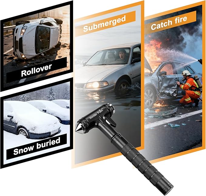 Car Window Breaker, Automotive Safety Hammer with Seatbelt Cutter, 3-in-1 Emergecy Escape Tool Car Metal Window Breaker Seatbelt Cutter, Aluminium Alloy Glass Breaker Hammer(Black 1Pack)