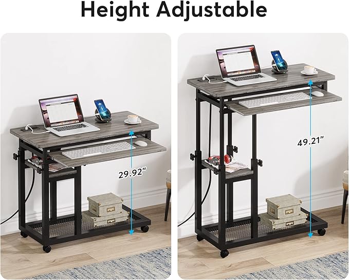 Tribesigns Small Portable Desk with Power Outlet, Height Adjustable Sofa Couch Bedside Laptop Table with Wheels, Mobile Standing Desk Rolling Computer Cart C Side Table with USB Ports