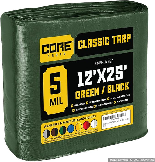 Core Tarps Classic 5 Mil Tarp Cover, Waterproof, UV Resistant, Rip and Tear Proof, Poly Tarpaulin with Reinforced Edges for Roof, Camping, Patio, Pool Cover, Boat (Green/Black 12′ X 25′)