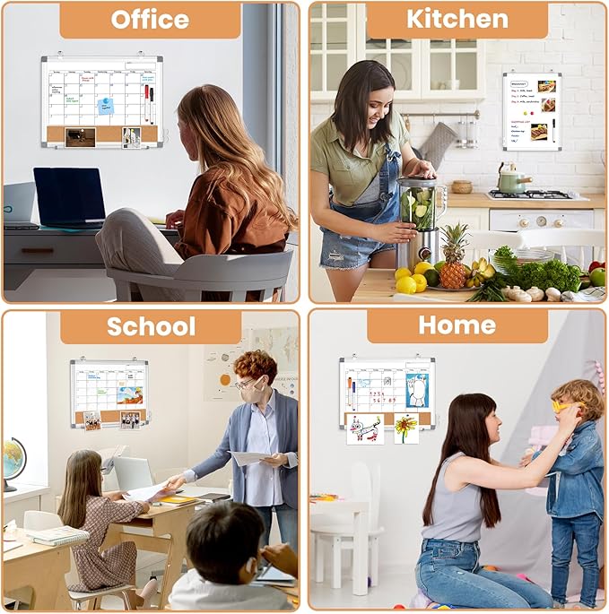 Monthly Dry Erase Calendar Whiteboard for Wall, 16" x 12" Double-Sided Small Calendar White Board, Framed White Board Cork Board Combo, Portable Dry Erase Board for Office, Kitchen, School, Home