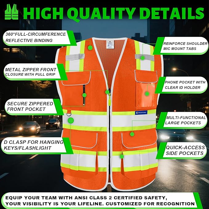 BeautyWill 10 Pack Custom Logo Safety Vest ANSI Class 2 High Visibility Reflective Vest Personalized Construction Vest Bulk