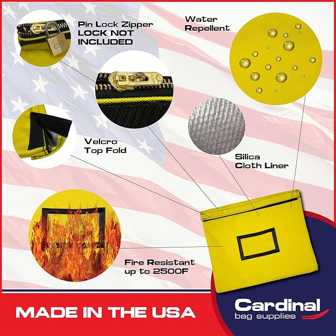 Fire Resistant Document Bag, 14" x 11", Water Repellent, Safe Storage Pouch, Money Bag, Fire and Water Resistant Document Holder (Yellow)