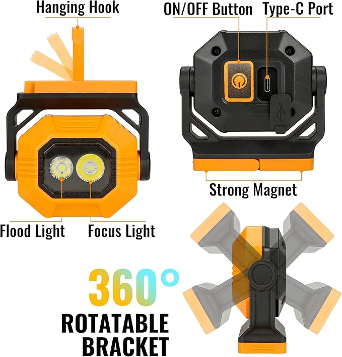 LED Rechargeable Work Light, 2Pack 1500LM Portable COB Magnetic Lights with 3 Modes & 360°Rotatable, IPX4 Waterproof Worklight for Car Repairing, Job Site Lighting, Emergency (2 PCS)