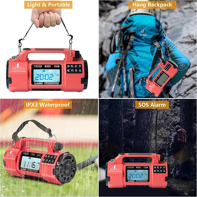 Hand Crank Emergency FM/AM/SW Weather Radio NOAA Alert, USB-C Solar Power, Bright Flashlight with Cell Phone Charger, Timer Clock for Home & Outdoor Hurricane Storm Survival kit