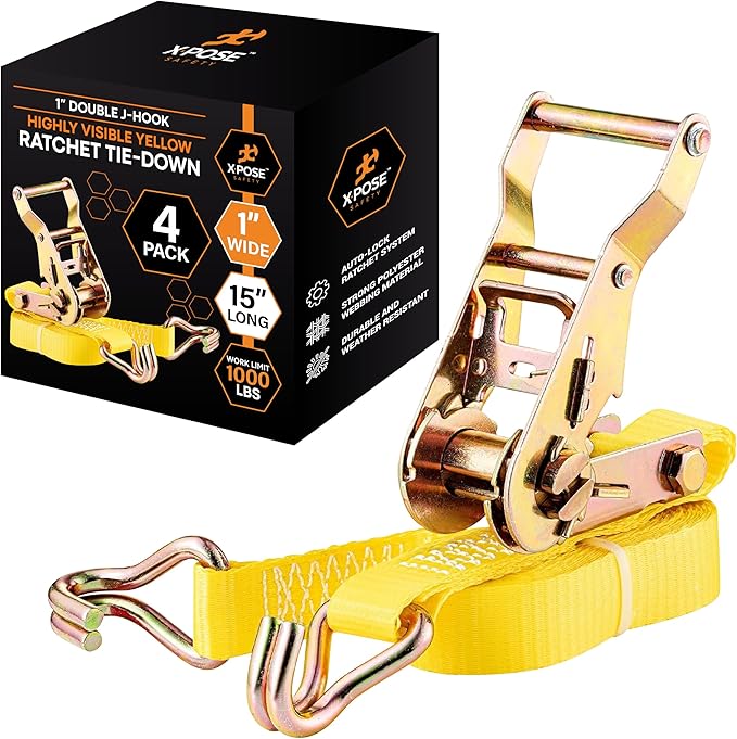 Ratchet Straps Heavy Duty 1" x 15' – 3,000 lbs Break Strength Tie Down Straps with Double J Hooks, Ratcheting Cargo Straps for Truck, Trailer, Kayak, Motorcycle & Moving – 4 Pack