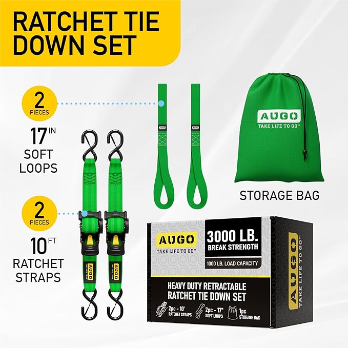 AUGO Retractable Ratchet Straps | 2 Heavy Duty Ratchet Straps Self Retractable Tie Downs with Soft Loops & Storage Bag for Motorcycle, Truck, Trailer, Cargo Van | 3000 Lb Break Strength 2” x 10’