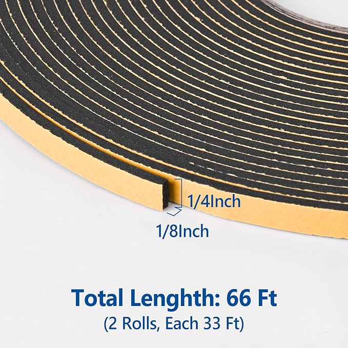 Self Adhesive Foam Tape Weatherstrip 1/4in x 1/8in x 66Ft High Density Foam Insulation Strips Foam Seal Weather Stripping with Strong Adhesive for Door and Window Sound Isolation Soundproofing