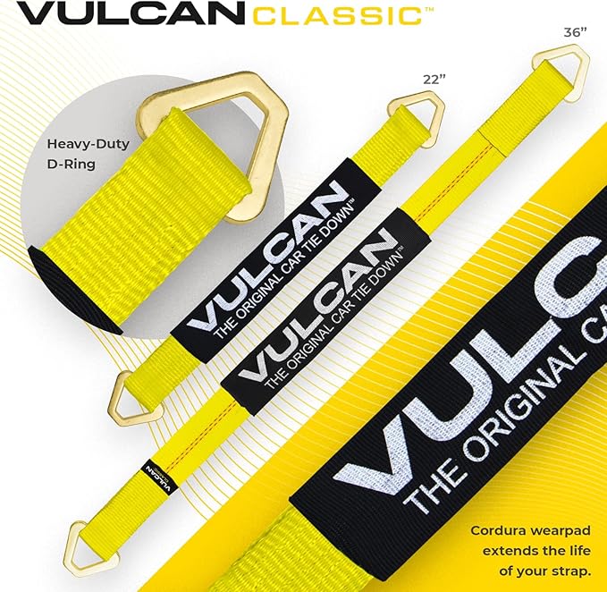VULCAN Ultimate Axle Tie Down Kit - Classic Yellow Webbing - Includes (2) 22 Inch and (2) 36 Inch Axle Straps, (2) 96 Inch Snap Hook Ratchet Strap, and (2) 112 Inch Loop Tie Down Combinations