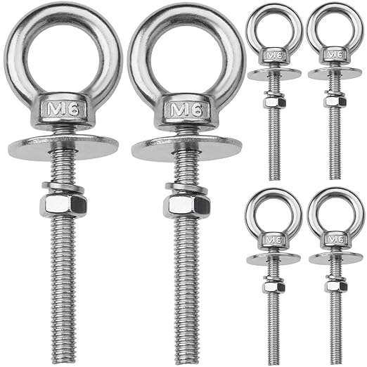6 Pack M6 Stainless Steel Eye Bolts with Nuts, 1/4" x 2" Long Lifting Ring Eye Bolt， Eye Bolts Heavy Duty for Hang Tie Down Outdoor (6, M6x51mm (1/4"x2"))