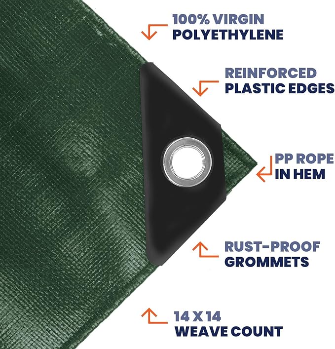 Tarpco Safety Extra Heavy Duty 14 Mil Tarp Cover, Waterproof, UV Resistant, Rip and Tear Proof, Poly Tarpaulin with Reinforced Edges for Roof, Camping, Patio, Pool, Boat (Green/Black 20′ X 40′)