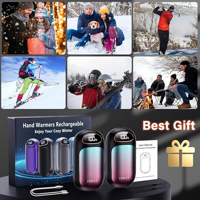 CRISLEX Electric Hand Warmers Rechargeable 2 Pack, 4 Levels Fast Heat, Reusable Hand Warmers with LED Display, Portable Magnetic Pocket Heater, Gifts for Christmas, Men, Women, Raynauds, Hunting, Golf